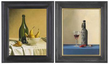 Pears With a Green Bottle; and Dusty Bottle of Port With a Corkscrew and a Glass by 
																	Stefaan Eyckmans