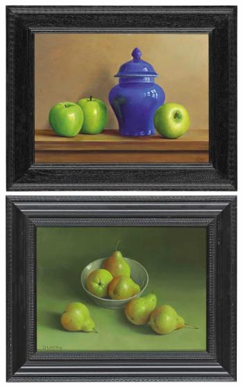 Three Granny Smiths and a Blue Pottery; and Pears With a Bowl by 
																	Johan de Fre