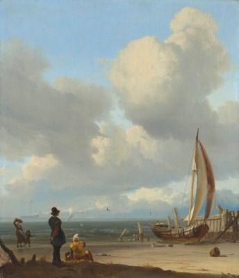 An Extensive Seascape With Figures By a Boat On a Shore by 
																	Lodolf Bakhuizen