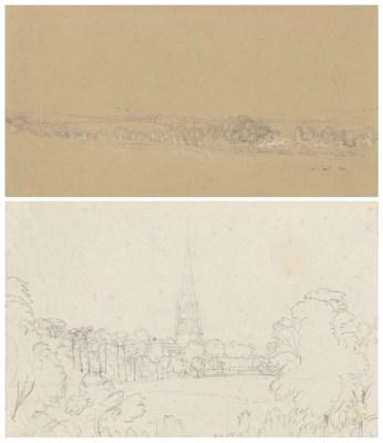 Landscapes, One with a Church Spire Seen Across a Meadow, Traditionally Identified As Christ Church, Oxford by 
																	William Turner of Oxford