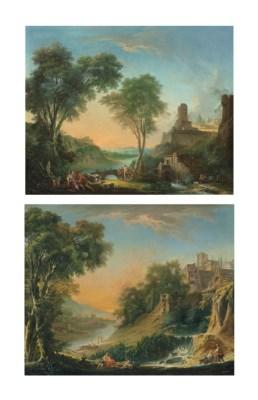 Un paysage pastoral au moulin; Un paysage pastoral à la cascade by 
																	Jacques Nicolas Julliard