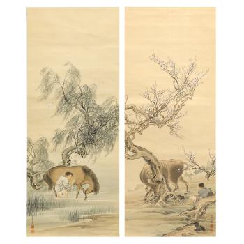 Cow in Taolin; Washing horse under the willow by 
																	Kawai Gyokudo