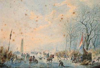 Villagers skating on a canal in winter by 
																	Abraham Teerlink