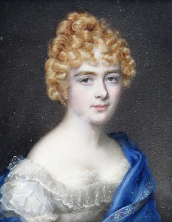 Portrait of a lady with gold curls, head and shoulders, wearing a white lace dress and blue cloak by 
																			Charles Jagger