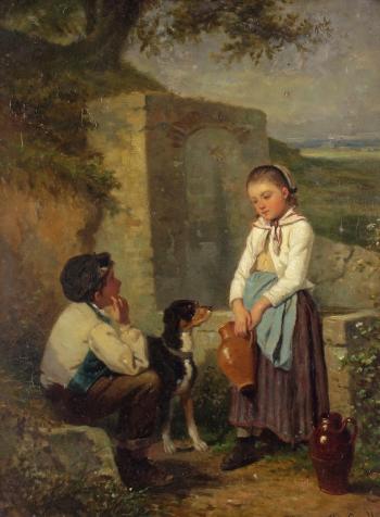 Children and their dog by a well by 
																			Louis Simon Cabaillot Lassalle
