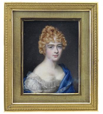Portrait of a lady with gold curls, head and shoulders, wearing a white lace dress and blue cloak by 
																			Charles Jagger