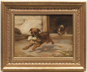 Puppies at play with a head of a duck by 
																			William Henry Hamilton Trood