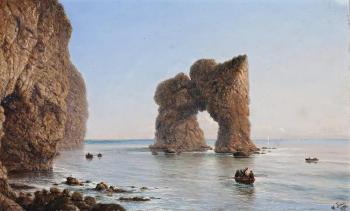 Coastal scene with cliffs, rowboats and arched rock by 
																	Isaac Walter Jenner