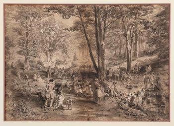 Forêt de Fontainebleau, un déjeuner d'artistes dans les fosses rouges by 
																			Alphonse Gabriel Vallot