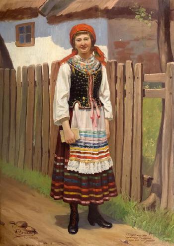 Dziewczyna w czerwonej chustce by 
																	Jan Wladyslaw Baranski