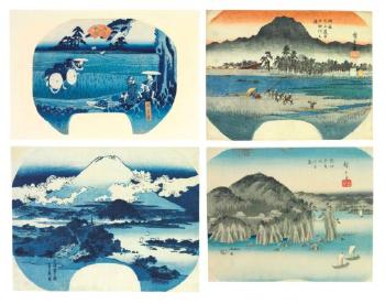 Fan prints (uchiwa-e) of landscape and a triptych of elephants by 
																	Hashimoto Sadahide