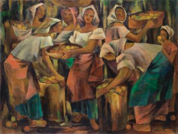 Mga Babaeng May Hawak Ng Mga Basket Ng Prutas (women with baskets and fruits) by 
																	Anita Corpus Magsaysay-Ho