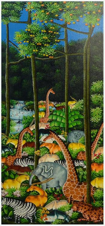 Haitian jungle scene with an assortment of wild animals including a giraffe, zebra, gazelle, flamingos etc. by 
																			Yvon Jean-Pierre