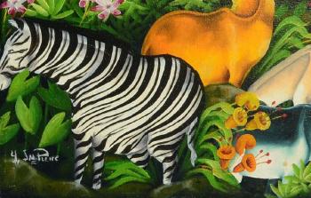 Haitian jungle scene with an assortment of wild animals including a giraffe, zebra, gazelle, flamingos etc. by 
																			Yvon Jean-Pierre