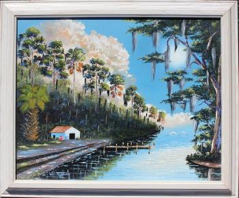 Florida highwaymen boat shack and dock on the St. Lucie River by 
																			Willie Reagan