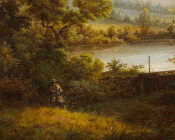 Autumnal landscape with a hunter and his hound at the ready beside a lake, the setting possibly the Catskills by 
																			George Gunther Hartwick