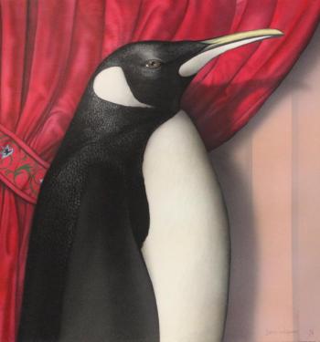 Emperor Penguin with Red Curtain by 
																			Tom Dale Palmore