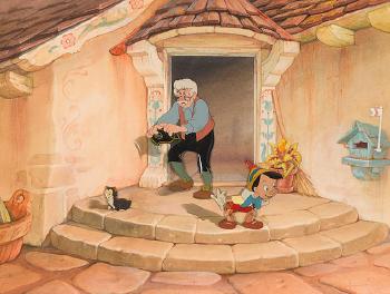 A celluloid of Pinocchio, Figaro, and Geppetto from Pinocchio by 
																	 Walt Disney Studios