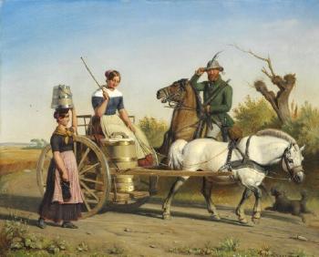 The hunter greets the milkmaids on their way home from the market by 
																	Nicolai Habbe