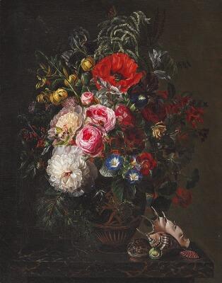 Still life with roses, poppies and honeysuckles in a Greek vase on a sill with shells by 
																	Horace Henri Philippe Aumont