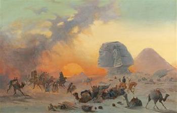 A caravan in the desert in a Simoom, nearby the Sphinx of Giza by 
																			Ipolito Caffi