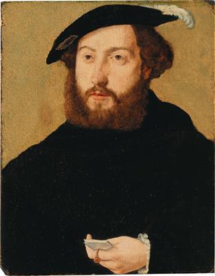 Portrait of a gentleman in a black coat and a cap, holding a letter by 
																			Jan van Scorel