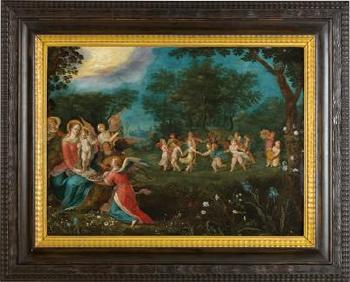 The Virgin and child with music-making angels in a landscape by 
																			Abraham Govaerts