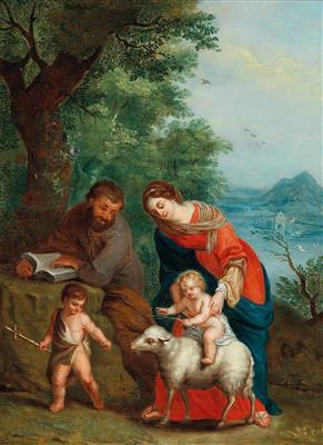 The holy family with the infant Saint John the Baptist in a wooded landscape by 
																			Balthasar Beschey