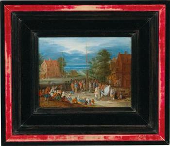 A village scene with figures shooting the popinjay and dancing around a maypole by 
																			Pieter Gysels