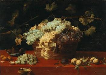 A still life with grapes in a basket by 
																			Jacob van Es