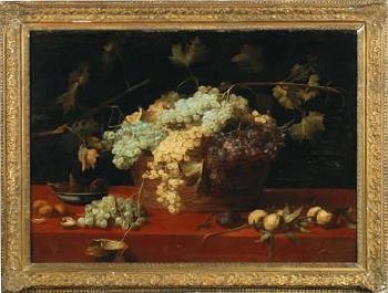 A still life with grapes in a basket by 
																			Jacob van Es