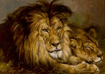 Resting Lion and Lioness by 
																	Geza Vastagh