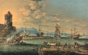 A harbour with figures in the quayside in the foreground and ships at anchor in the bay beyond by 
																	Johann Anton Eismann