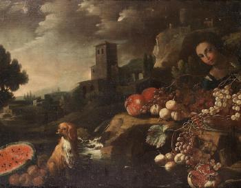 A fruit seller with a dog beside a waterfall, a town beyond by 
																	Michele di Campidoglio