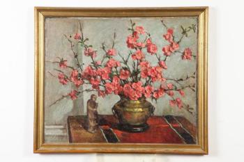 Still life with cherry blossoms in brass vase with oriental figure by 
																			Frances S Eanes
