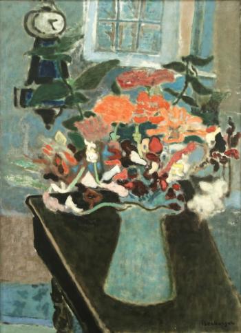 The clock and flowers in a blue vase by 
																			Eric Isenburger