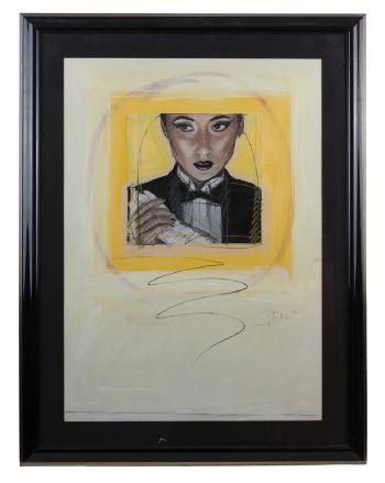 Portrait of a lady in a tuxedo removing a glove by 
																			Nico Vrielink