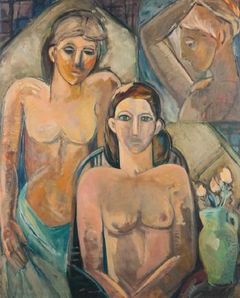 A portrait of two semi-nude women with a third in a painting on the wall by 
																			Mary Zarbano