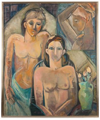 A portrait of two semi-nude women with a third in a painting on the wall by 
																			Mary Zarbano