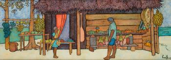 Two figures at an outdoor Tahitian market by 
																			Francois Ravello