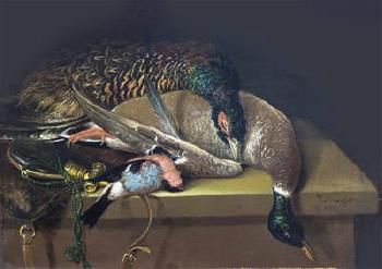 Stillleben mit erlegten Enten und Jagd-Utensilien by 
																			Felix Pollinger