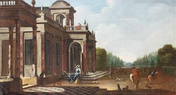 Palast mit Schlossgarten, vornehmem Paar und Jagdgesellschaft by 
																			Jakob Ferdinand Saeys
