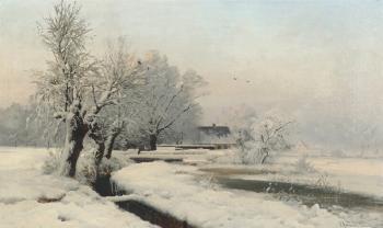 Winter landscape by a river by 
																			Anders Andersen-Lundby