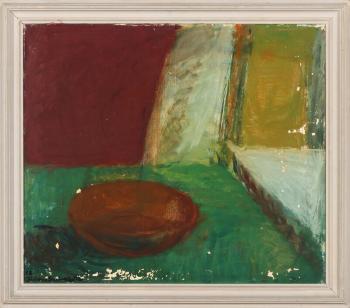 Still life with a bowl on a green table by 
																			Juliana Sveinsdottir