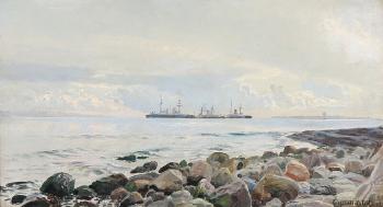 Seascape with warships near a coast by 
																			Christian Molsted