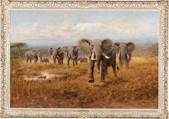 Herd of Elephants with Kilimanjaro in Tanzania by 
																			George Majewicz