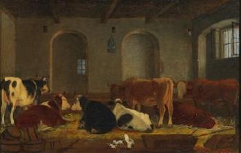 Cows and Cats in the Barn by 
																			Johann Michael Neder
