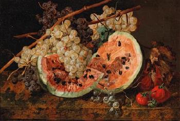 Still Life with Watermelon and Grapes by 
																			Leopold Zinnogger