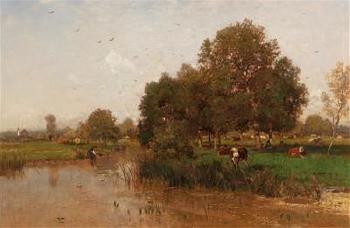 River Landscape with Cows Resting by 
																			Eugen Jettel