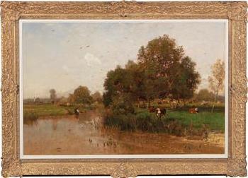 River Landscape with Cows Resting by 
																			Eugen Jettel